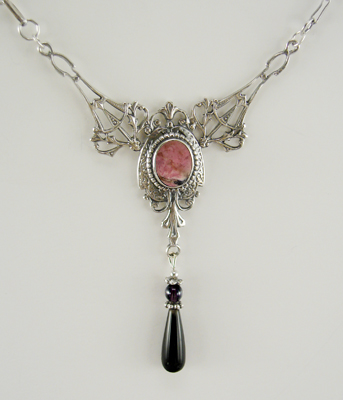 Sterling Silver Victorian Necklace With Rhodocrosite